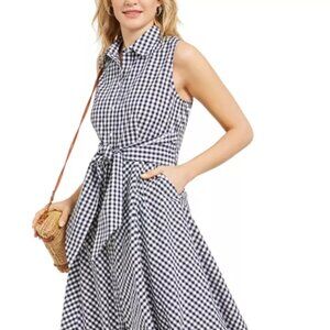 Charter Club Gingham Print Shirtless Dress, Navy & White, Size PM, Pockets